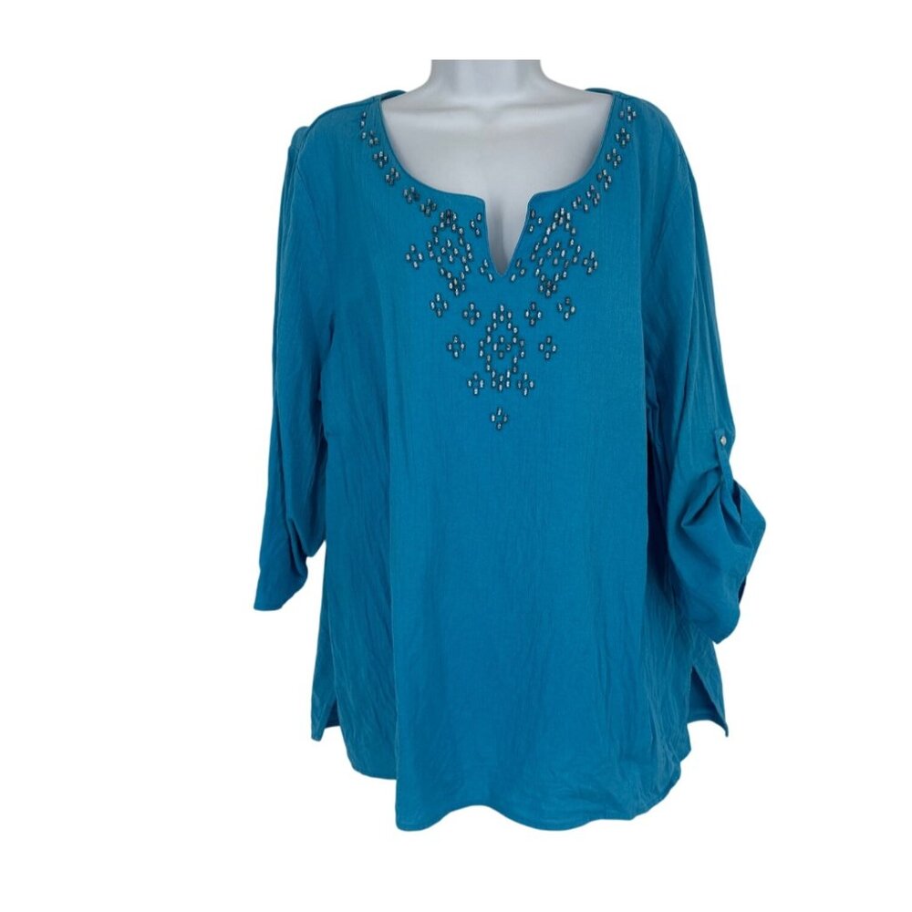 Susan Graver Split Neck Embellished 3/4 Roll Tab Sleeve Blouse Size 1X
